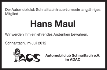 Traueranzeige von Hans Maul von Pegnitz-Zeitung